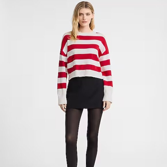 Express Relaxed Striped Crew Neck Pocket Sweater in Red and White NWT - Picture 2 of 14